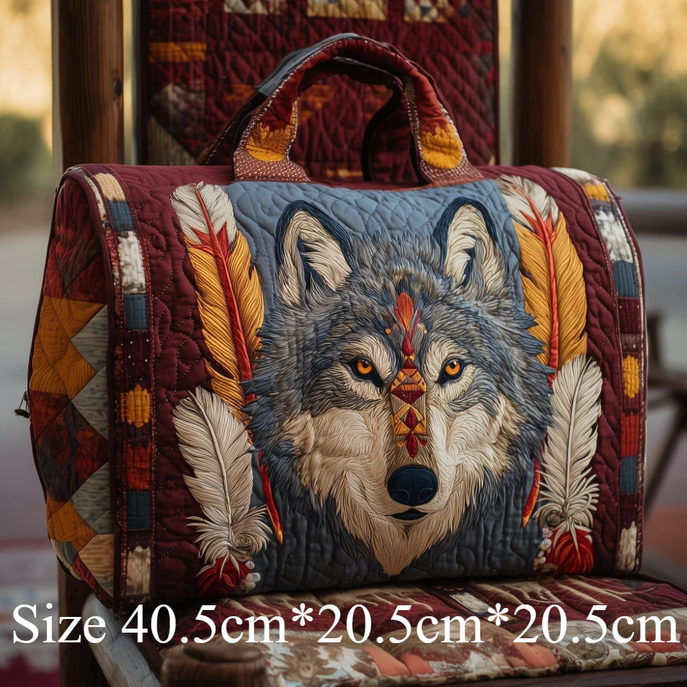 Quilted Wolf Feather Travel Duffel Bag 3D Printed Tribal Spirit Animal Lightweight Carry-On Weekender Bag for Adventure Gym