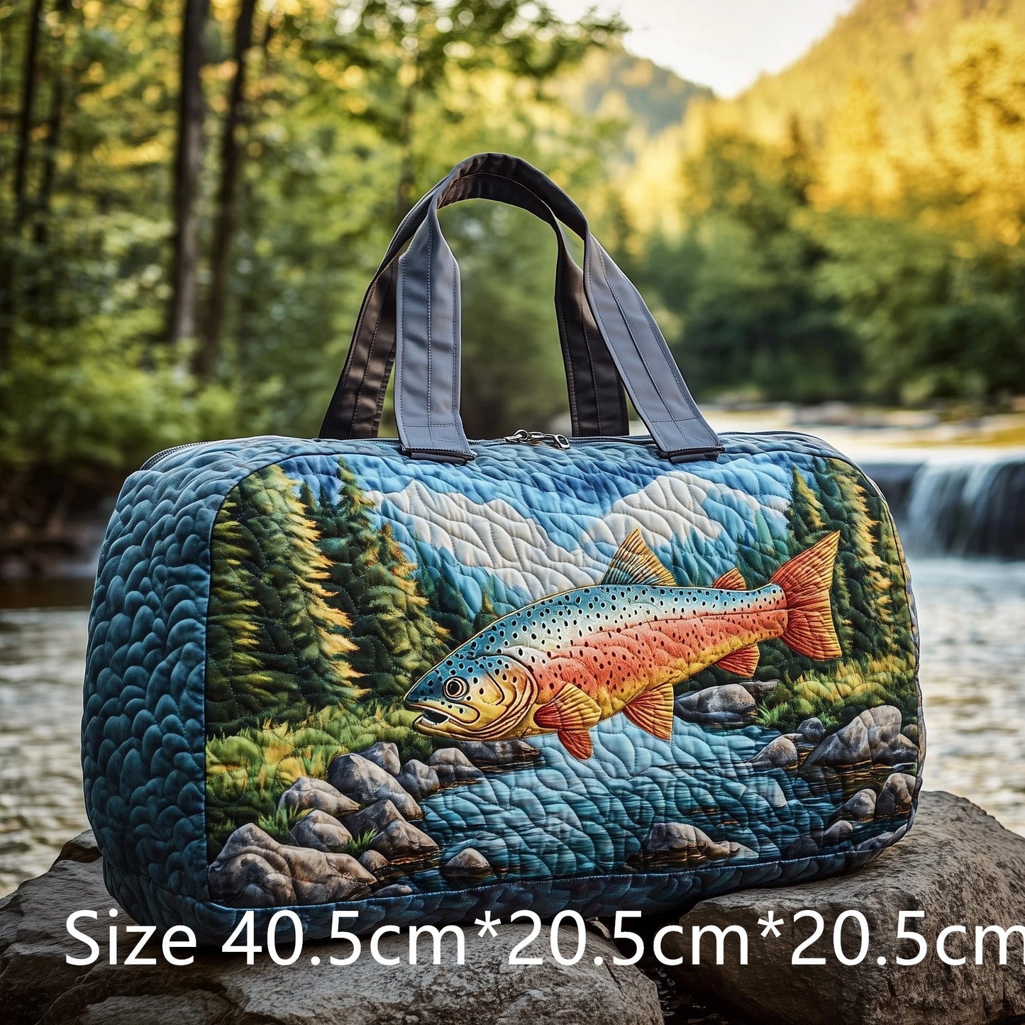 Trout Fishing Quilted Duffel Bag Outdoor Waterproof Gear Bag with 3D Fish Printed Camping Weekender Bag for Anglers Men's Gift