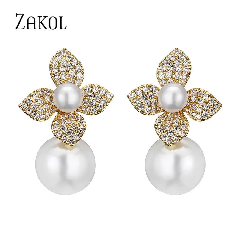 Shiny Imitation Pearl Flower Dangle Earrings for Women Fashion Cubic Zirconia Gold Color Bridal