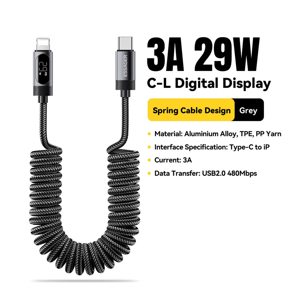 Car Spring USB-C to Lightning Fast Charging Cable with Digital Display