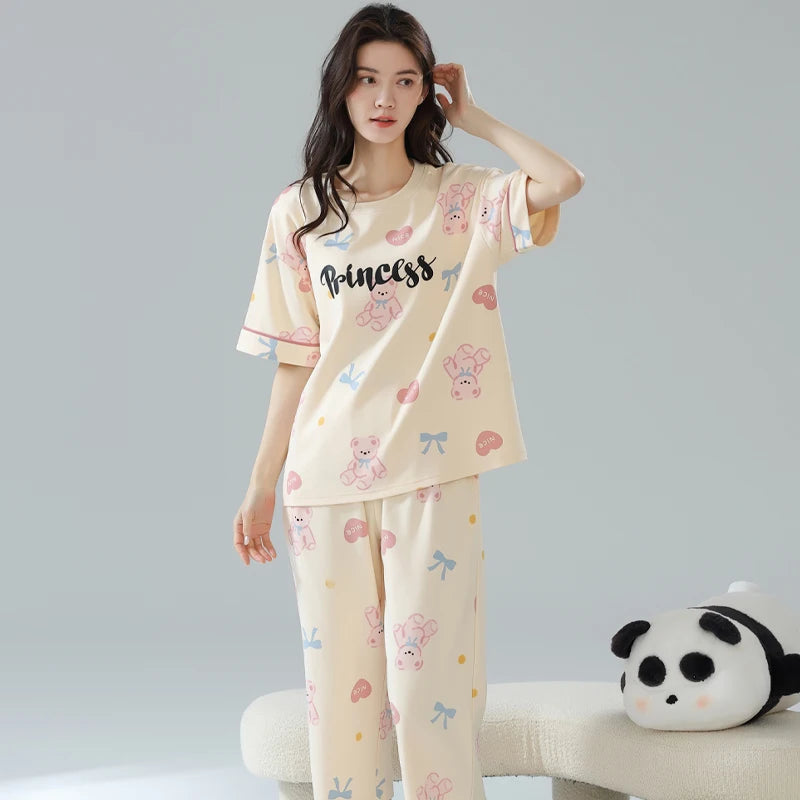 2-Pcs Women’s Summer Cotton Pajama Set – Short Sleeve Top & Calf-Length Pants with Cute Prints