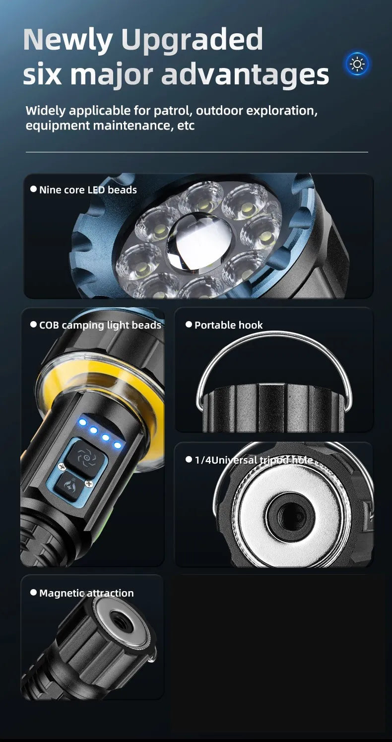 30W 1 Plus 8 LED Rechargeable Camping Flashlight