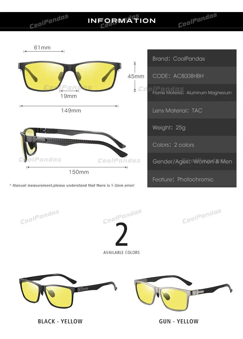 Carbon Fiber Square Photochromic Polarized UV400 Day Night Driving Sunglasses for Men Women