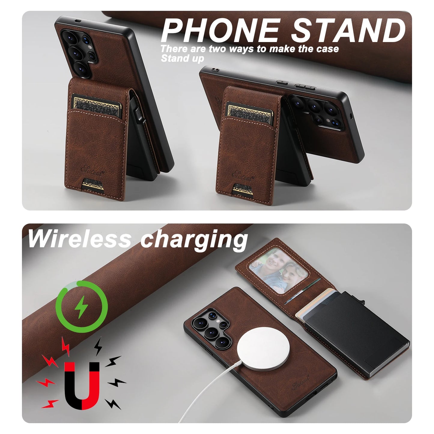 Magnetic PU Leather Wallet Case with Card Slot & Kickstand for Samsung Galaxy S26 Ultra / S25 Plus – Wireless Charging Cover