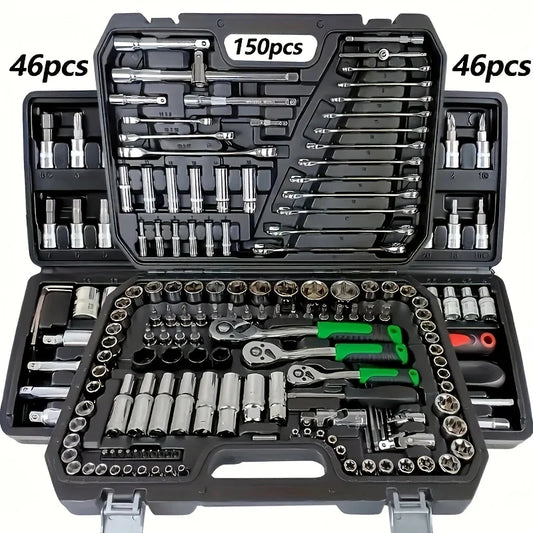 150/46Pcs Auto Mechanical Repair Tool Set Socket Wrench & Ratchet Combination Toolkit Carbon Steel Hand Tools for Car & Home Maintenance