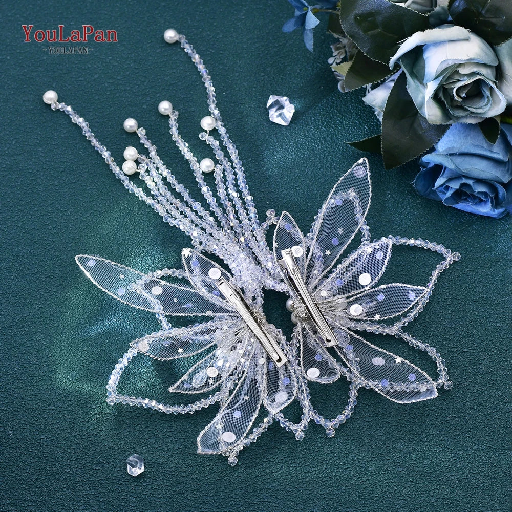 2 Pce Butterfly Shape Hair Chip Handmade Crystal  Tassel  Bride Headwear Shiny Wedding  Hair Accessories