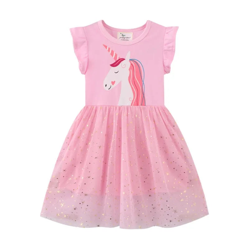 Unicorn Butterfly Princess Cotton Dress for Girls Summer Knee Length Dress