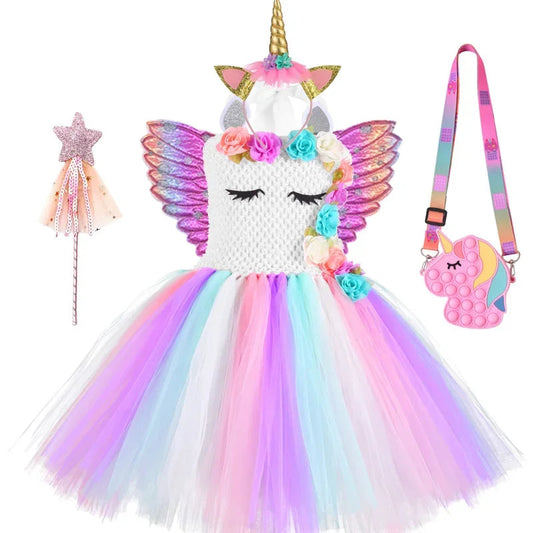Rainbow Unicorn Princess Dress with Angel Wings Party Costume