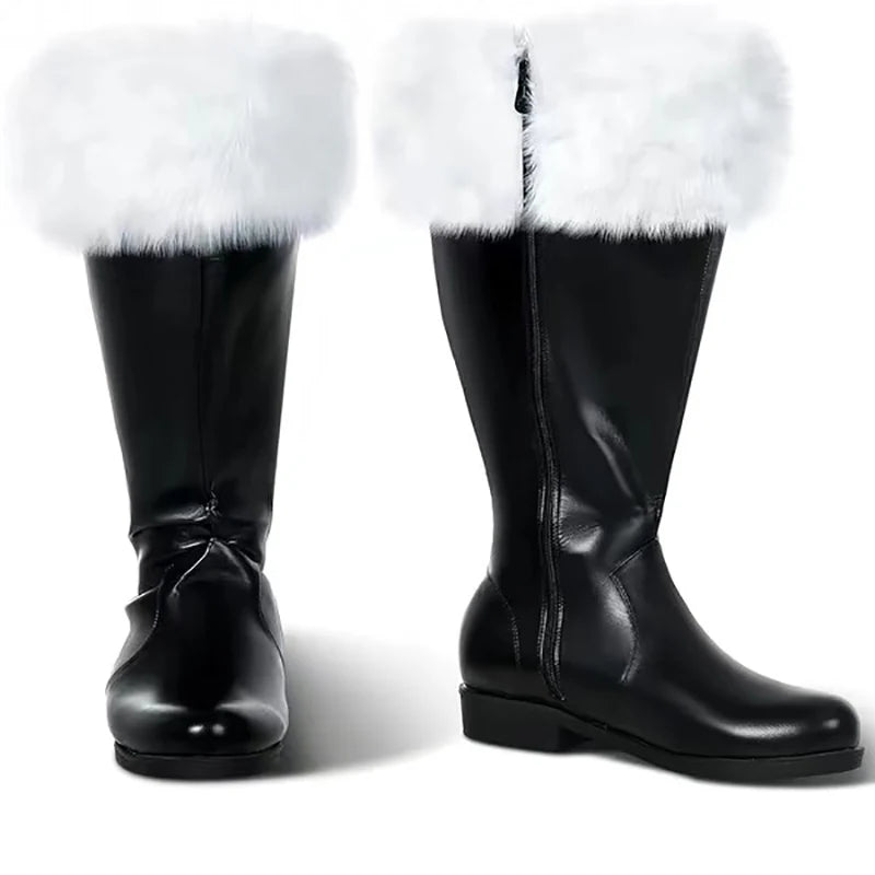 Christmas Santa Claus Boots Cosplay Black Leather Shoes White Plush Cuff Shoes Halloween Christmas Suitable For Men And Women