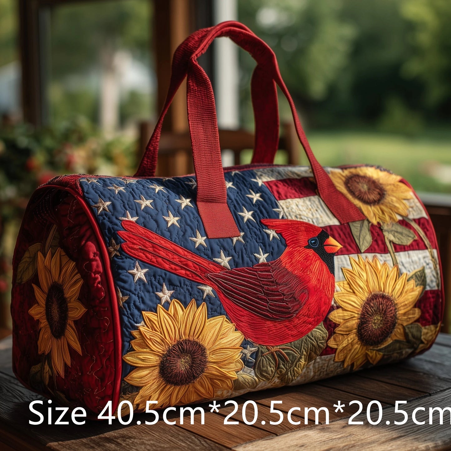 Women Vintage Patriotic Stars Stripes Quilted Duffel Bag Handmade 3D Rose Cardinals Print Weekender Bag Travel Gym Overnight Bag