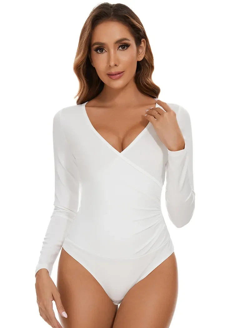 One-Piece Long Sleeve Bodysuit Shapewear for Women – V-Neck Tummy Control Body Shaper