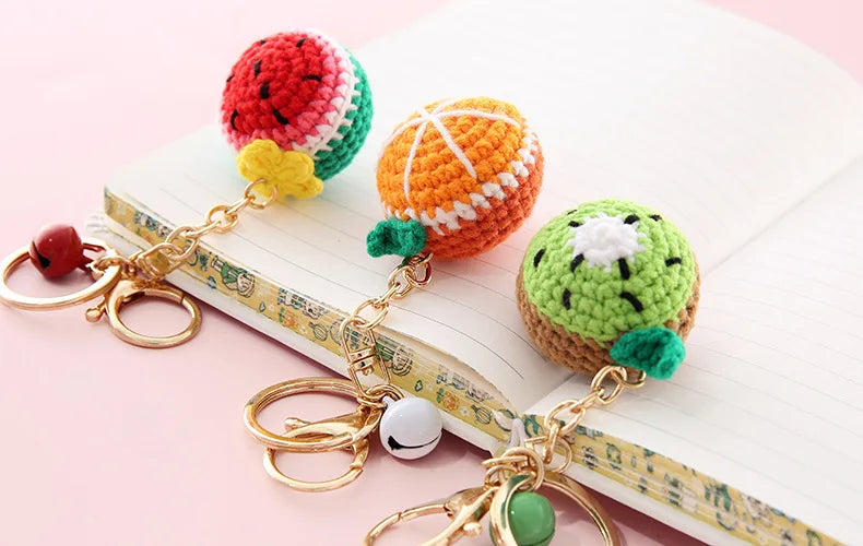 5 Pcs Handmade Weaving Keychain Wool Crochet Unique Knitted Pendant Keyring Strawberry Watermelon Orange Pendant Key Chain Gifts