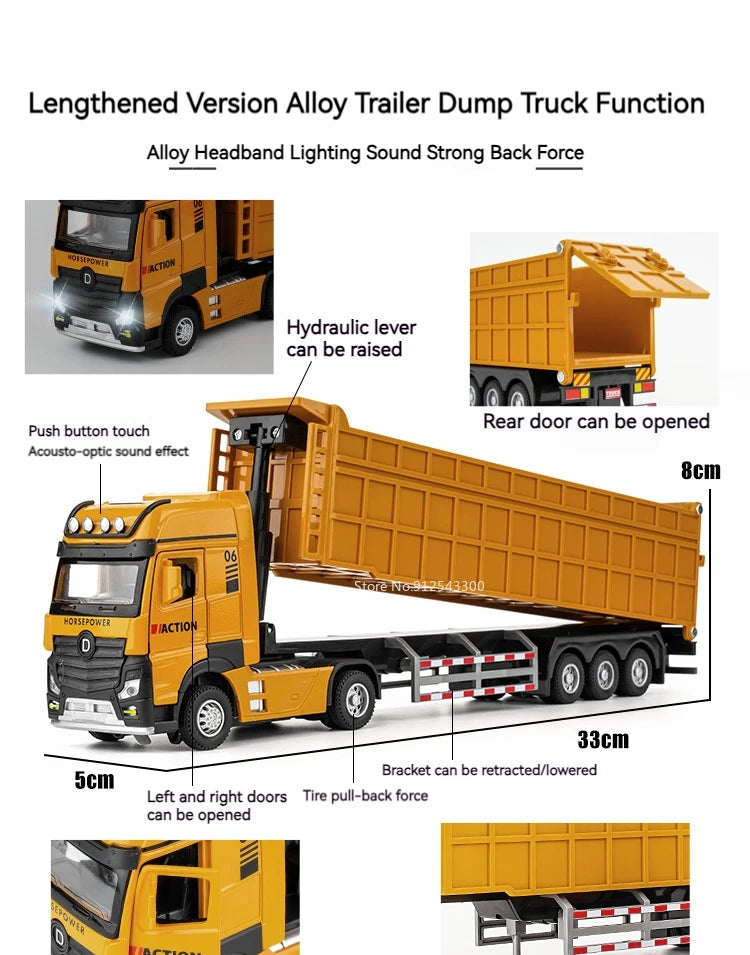 1/50 Extended Dump Truck Model Toy Metal Diecasting Doors Opened Sound Light Pull Back Vehicle Models Ornaments 's Gifts