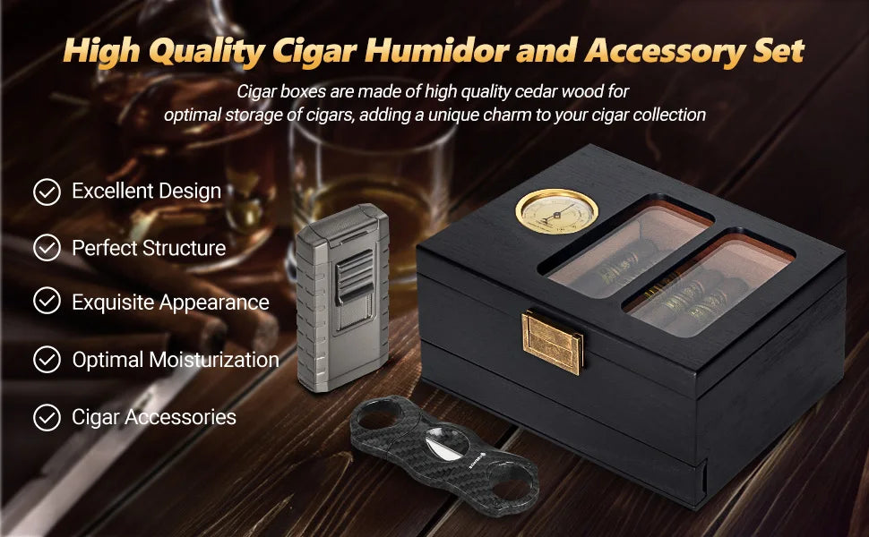 Cigar Humidor, Glass Top Cedar Wood Humidor Box, Cigar Case for 20-35 Cigars with Hygrometer, Cigar V-Cutter, Desktop Humidor