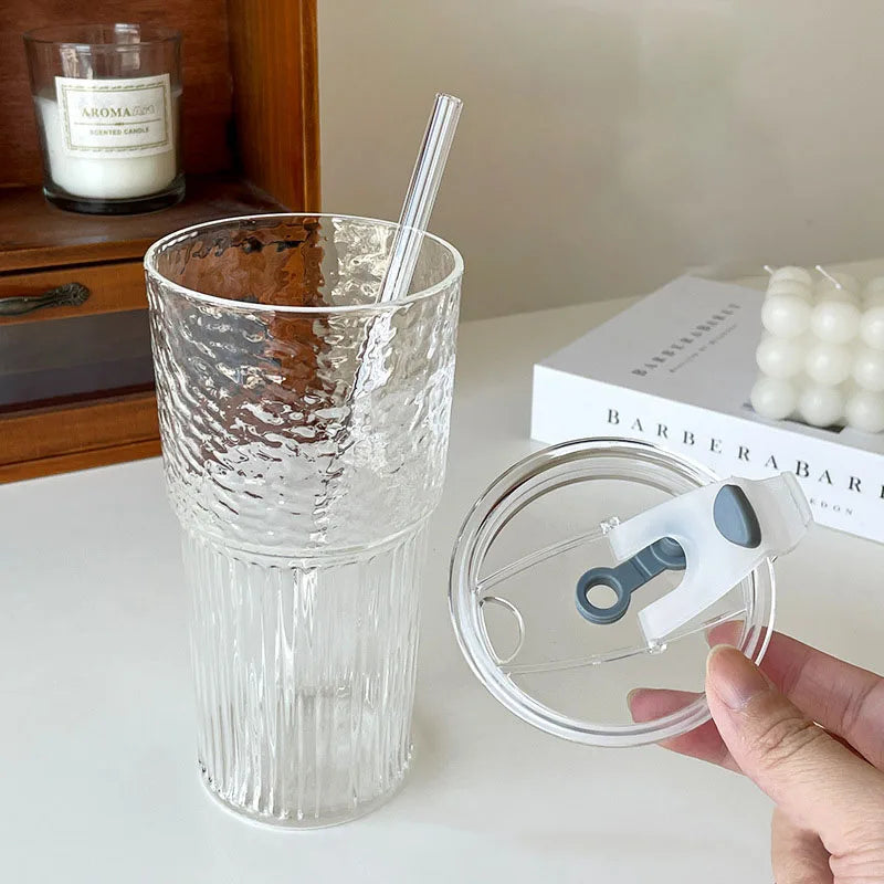 600ml Stripe Glass Cup with Lid And Straw Transparent Milk Tea Juice Cup Drinking Glasses Ice Water Coffee Mug Bar Drinkware