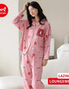 Women’s Winter 100% Cotton Pajama Set – Loose Fit, Turn-Down Collar, Long Sleeves, Cute Pink