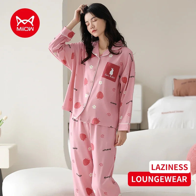 Women’s Winter 100% Cotton Pajama Set – Loose Fit, Turn-Down Collar, Long Sleeves, Cute Pink