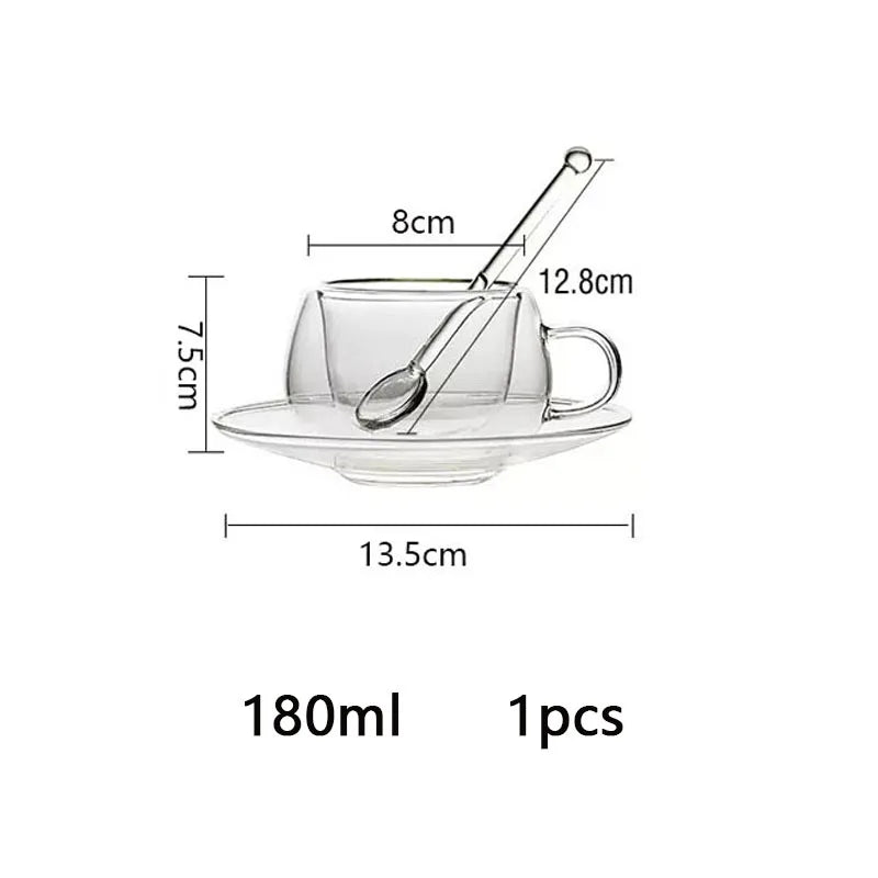 180/250ml Double Wall Glass With Dish And Spoon Clear Glass Espresso Cups Set Heat Resistant Handle Coffee Mug Drinkware