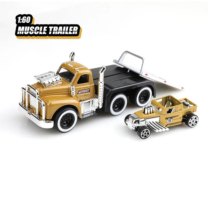 1:60 Scale American Muscle Alloy Trailer Cars Diecast Models Toys with Sound Light Pull Back Vehicle Boys Collection Gifts