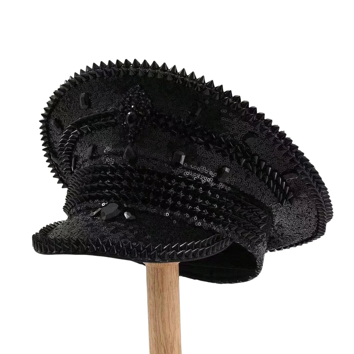 Black Sequin Festival Captain Hat Punk Rhinestone Masquerade Military Cap Handmade Sergeant Hat Bride Music Festival Cosplay