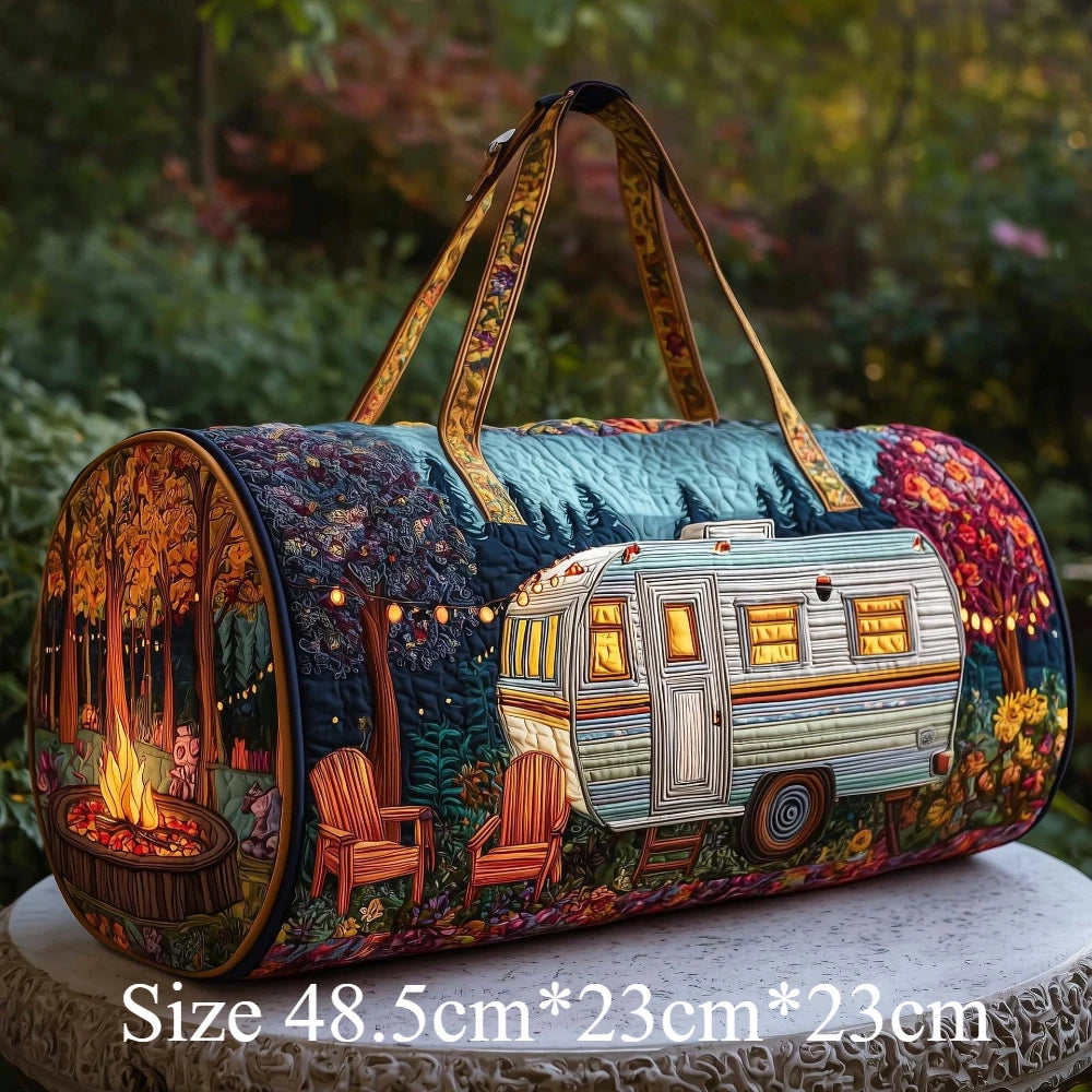 Handmade Quilted Travel Bag Vintage Artistic Camper Nature Duffle Bag Boho Weekender Tote for Men Women Camping Hiking Road Trip