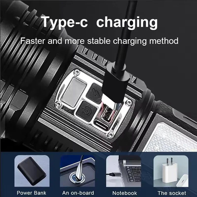High Power Flashlight Super Big Flashlight Rechargeable Most Strong LED Flash Light Long Range Torch Outdoor Built in Battery