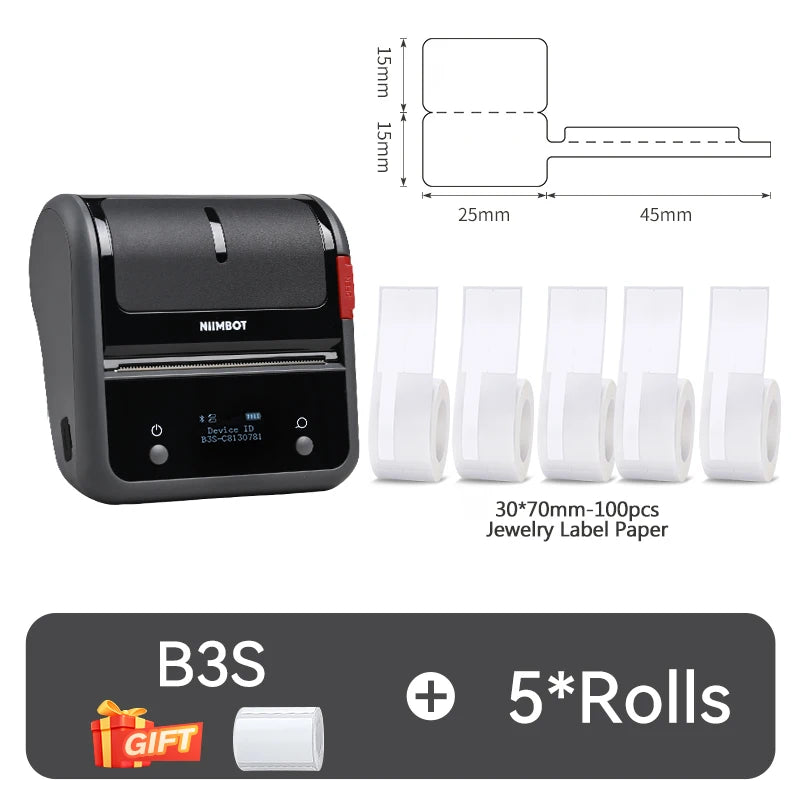 B3S Thermal Label Printer, Bluetooth Wireless Barcode Sticker Maker 20–75mm, Portable Inkless Label Printer for Jewelry, Clothing & Business