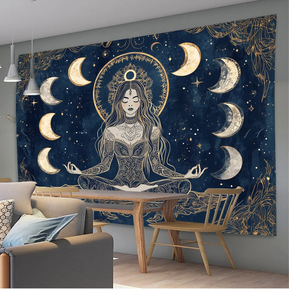 Moonlight Witch Meditation Tapestry Starry Moon Meditation Space Bohemian Style Bedroom & Living Room Decor