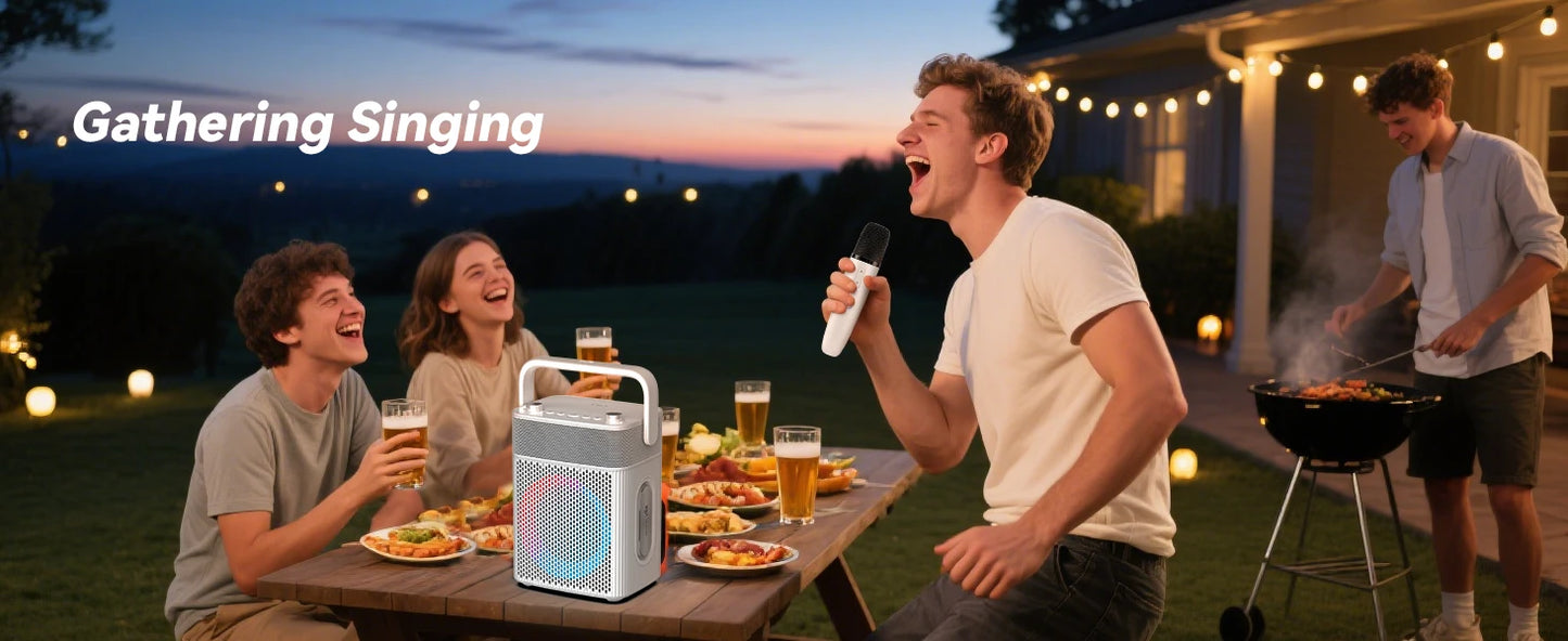 Portable Karaoke Machine with 2 UHF Wireless Microphones, Bluetooth Speaker with Leather Bag, IPX4 Waterproof, 18H Playtime, Extra Bass Sound