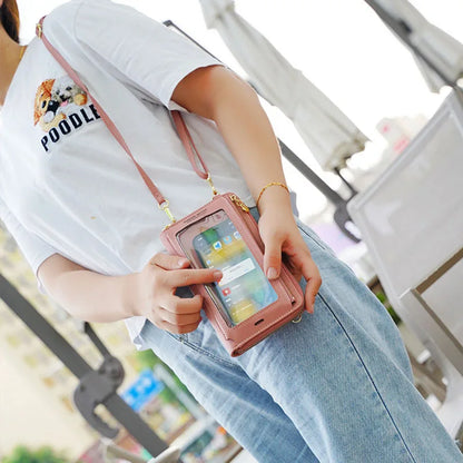 Charging Hole Touch Screen Phone Bag Women Soft Leather Simple Shoulder Bag Fashion Crossbody Bag Transparent Mini Wallet