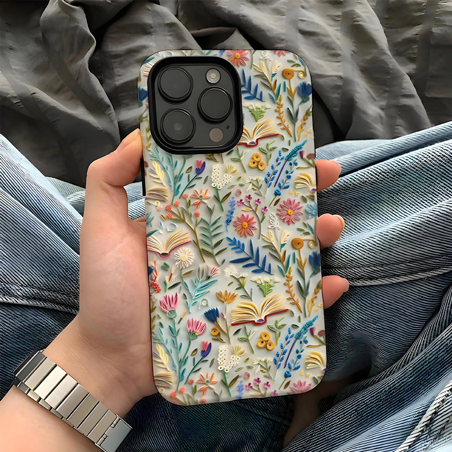 Romantic Wildflower Boho Embroidery Phone Case for iPhone 16 15 Pro Max Plus – 2 in 1 Hard Protection