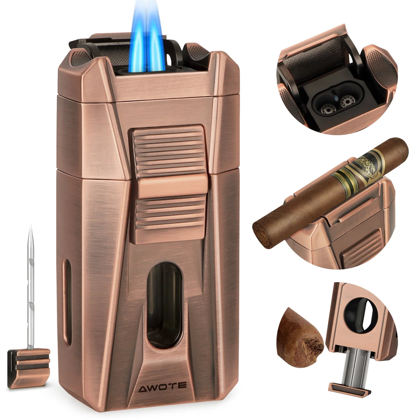 Cigar Lighter with Double Jet Flame, Refillable Cigar Torch Lighter with Cigar Holder, V-Cigar Cutter, Cigar Draw Enhancer