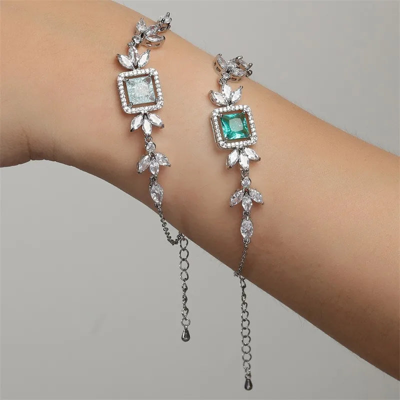 Green Popping Cubic Zirconia Leaf Bracelets for Women Shiny Blue Square Crystal Bangle