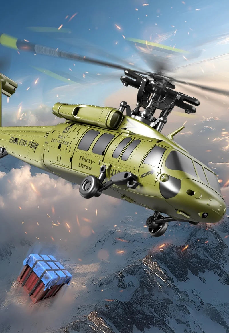 Six Channel Remote Control Military Helicopter With Simulated Stunt Design