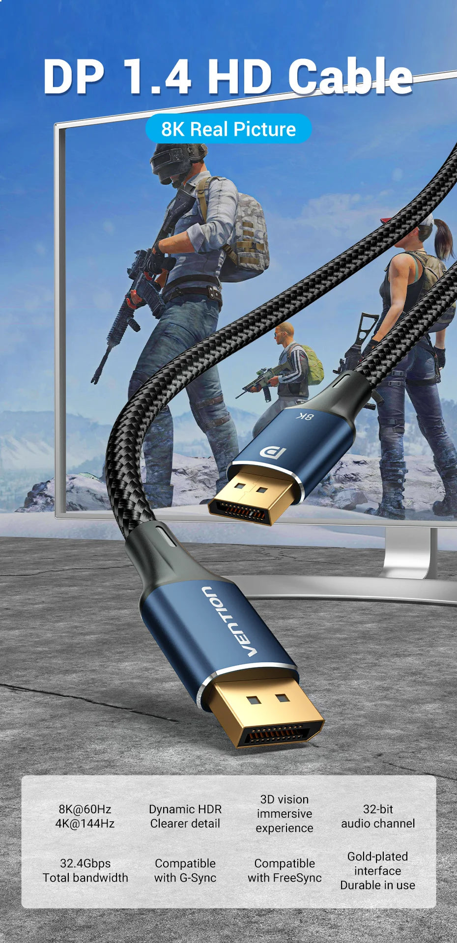 DisplayPort 1.4 Cable 8K 60Hz 4K HDR 165Hz Display Port Audio Cable for Video PC Laptop TV Display Port 1.4 DP Cable 1.2