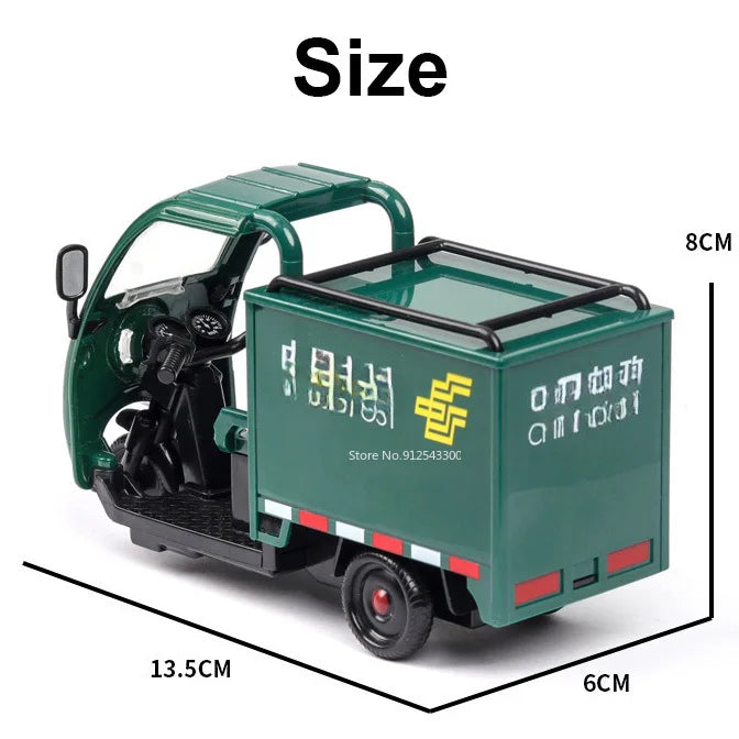 1/32 Scale Express Delivery Tricycle Model Car Toy Steerable Front Wheels Sound Light Pull Back Vehicle Models Gifts for s