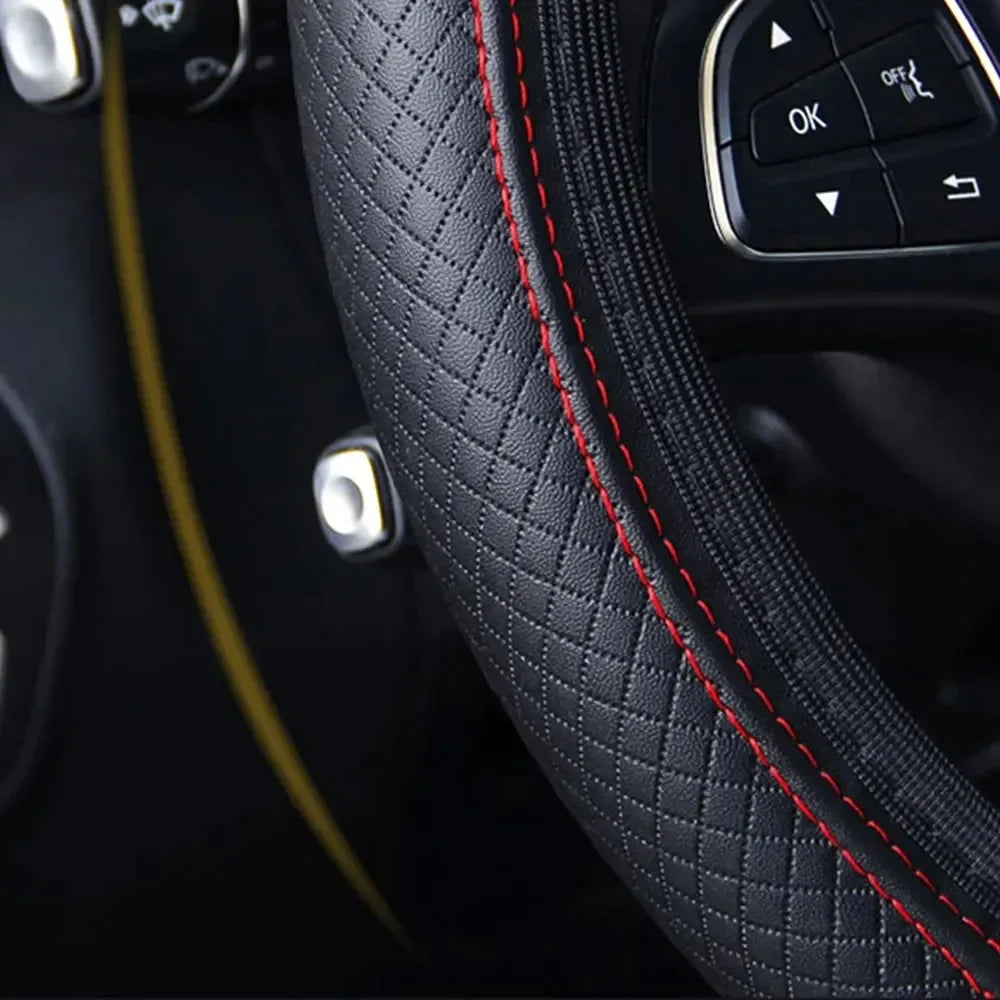 Embossed Leather Car Steering Wheel Cover Anti Slip 37CM 39CM