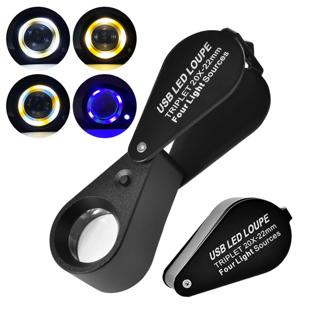 30X Rechargeable LED UV Jewelry Loupe 4 Light Modes Pocket Magnifier