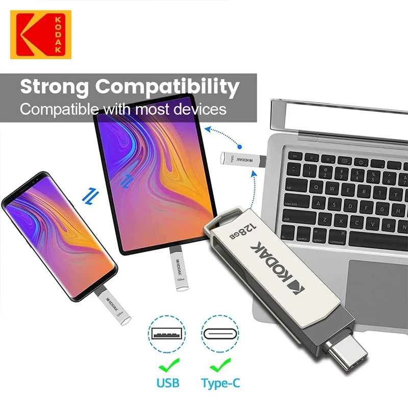 Kodak Type C Pendrive USB 3.2 Metal USB Flash Drive 128GB 64GB 32GB 256GB HDD 2 in 1 U-disk for Keys Smartphone Laptop Desktop