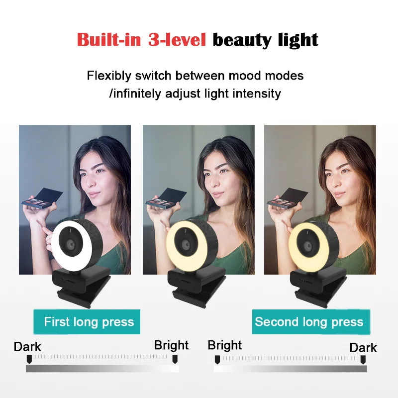 1080P Webcam Live Streaming Fill Light Web Cam for Pc USB Camera Auto Focal 60FPS for Online Study Conference Video Recording