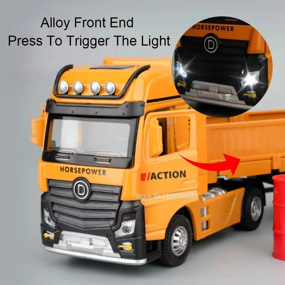 1:32 Roadblock Transport Truck Flatbed Trailer Model Toys Diecast Alloy Car Doors Opened Sound Light Pull Back Vehice Boy's Puzz