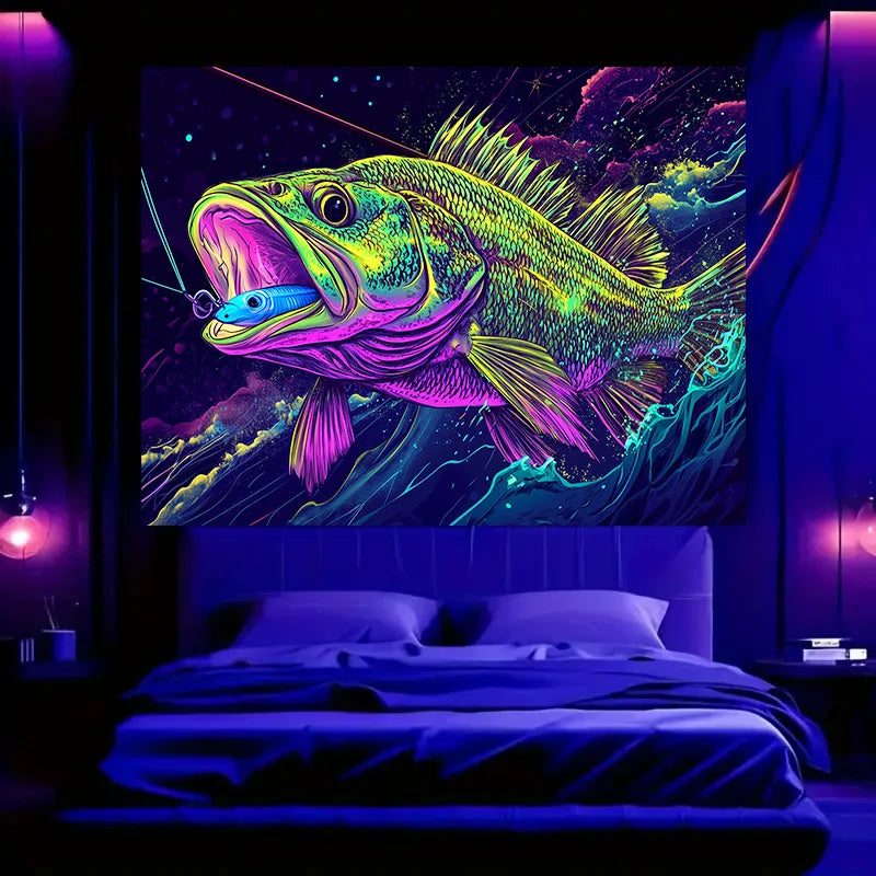 Bigmouth Black Bass Tapestry Neon Starry Sky Background Wall Decor for Living Room Game Room and Bedroom