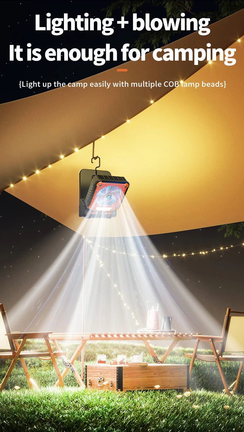 Outdoor Solar Rechargeable Camping Fan Light Foldable Tent Lantern with LED Light USB Portable