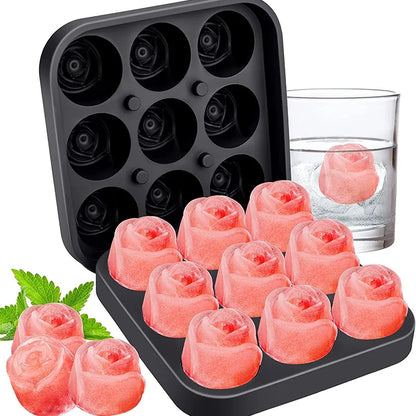 3D Rose Ice Molds 1.3 Inch, Small Ice Cube Trays, Make 9 Giant Cute Flower Shape Ice, Silicone Rubber Fun Big Ice Ball Maker