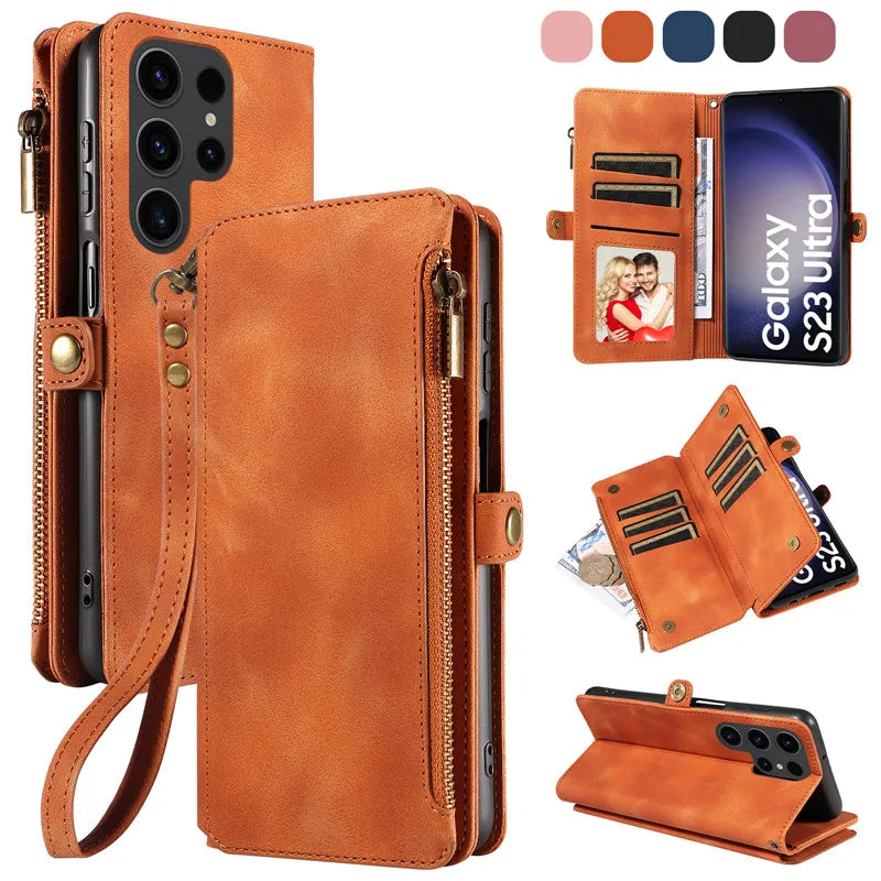Luxury Leather Flip Wallet Case with Lanyard for Samsung Galaxy S26 / S25 / S24 / S23 Ultra & Plus – Magnetic Full Coverage Phone Bag Cover