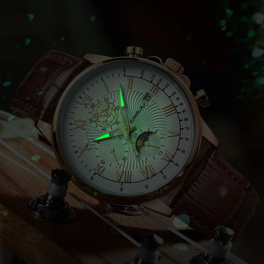 Watch Fashion Business Quartz Watch Sun, Moon and Star Multifunctional Luminous Waterproof Father's Day Gift