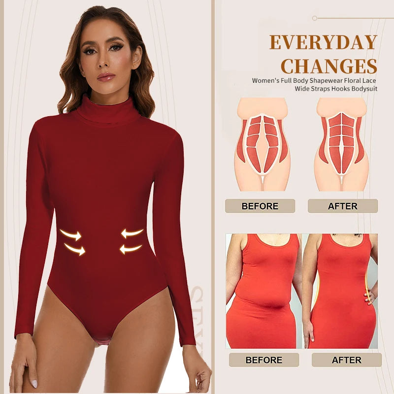 Bodysuit for Women Tummy Control Waist Shapers Long Sleeve Bodysuits High Collar Shapewear One-Piece Slimming Tops