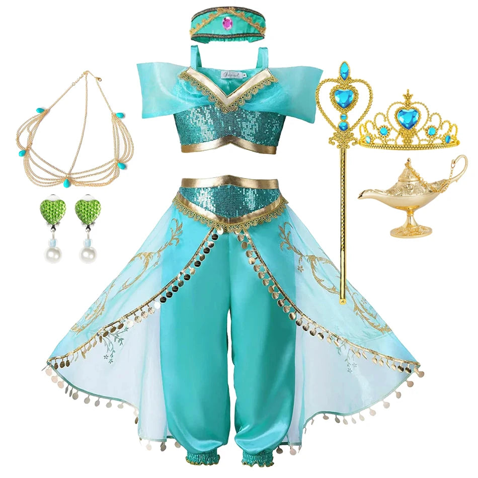 Girls Jasmine Dress Aladdin Princess Magic Lamp Carnival Birthday Clothing Vestidos Halloween Party Cosplay Costume