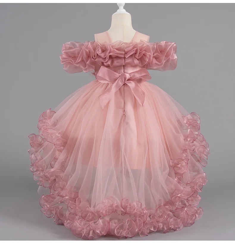 Luxury Off-Shoulder Girls' Dress - Convertible Tulle Ball Gown for Birthday Parties & On-Stage Events