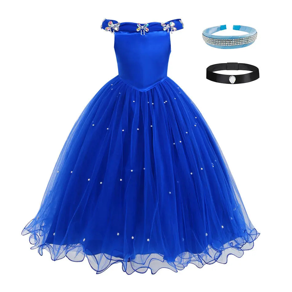 Christmas Halloween Blue Ball Gown - Girls Pearl-Embellished Tulle Dress with Lace Sleeves Princess Birthday Party Dress for Kid